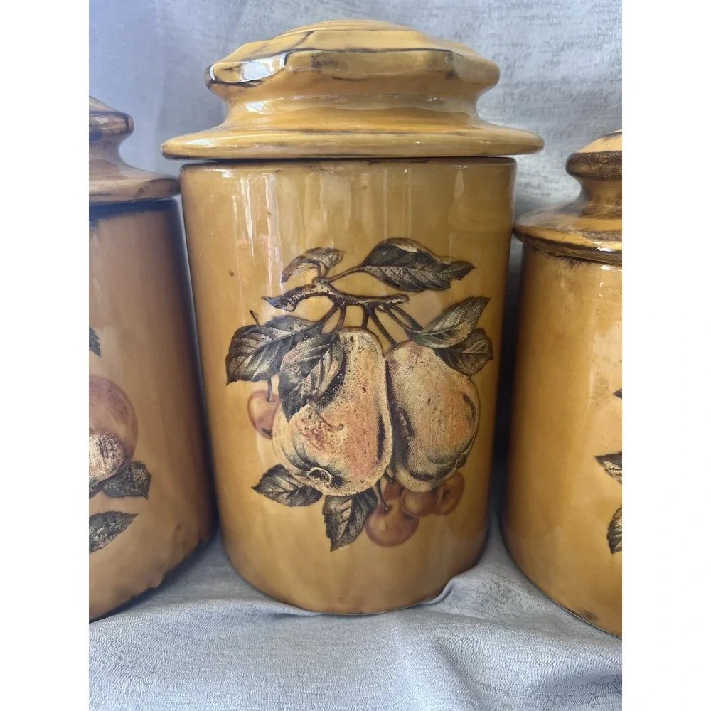 Mid-Century Canister Set W/ LIDS Harvest Gold Fruit VTG Containers Retro 1960's